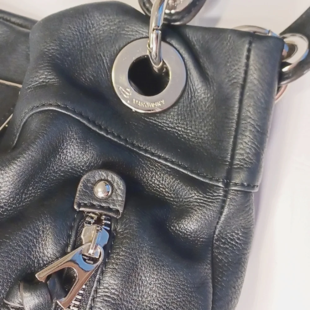 B. Makowsky Leather Hobo Style Moto Purse Shoulder Bag Black